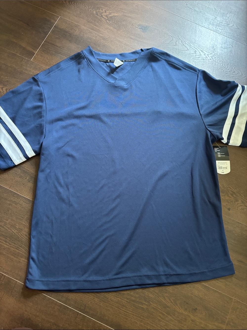 Xersion Navy Short-Sleeve V-Neck Tee with White Sleeve Stripes